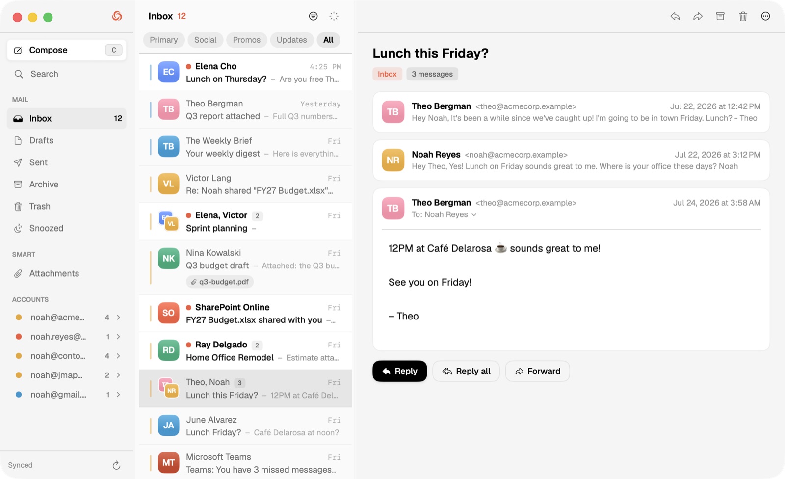 Mailwell's unified inbox with a conversation open